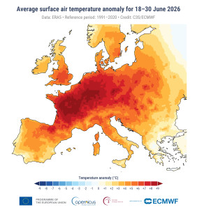 Átlagos hőmérsékleteltérés 2026 június 18-30 között az 1991 - 2020 peridóushoz képest. Forrás: Copernicus